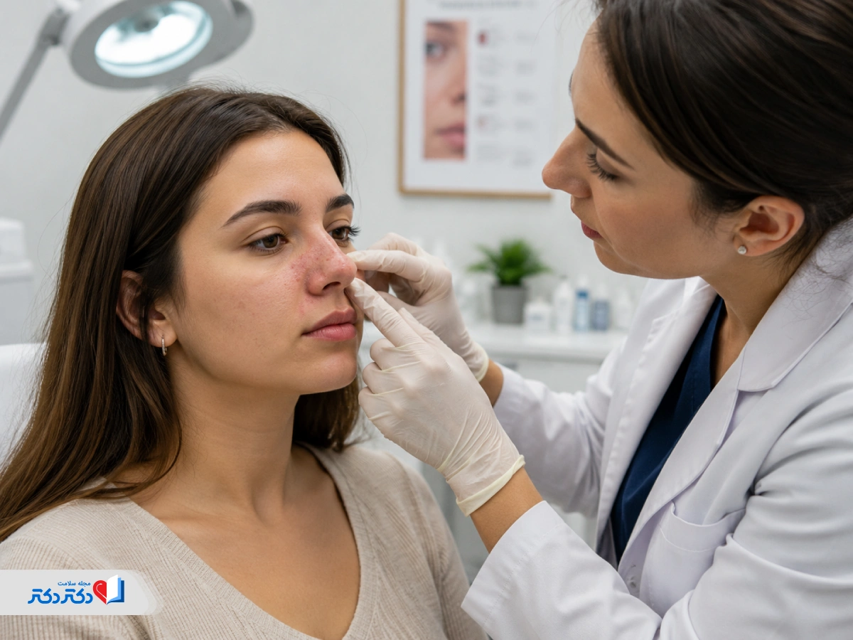 معاینه پزشک برای تشخیص علت جوش روی بینی