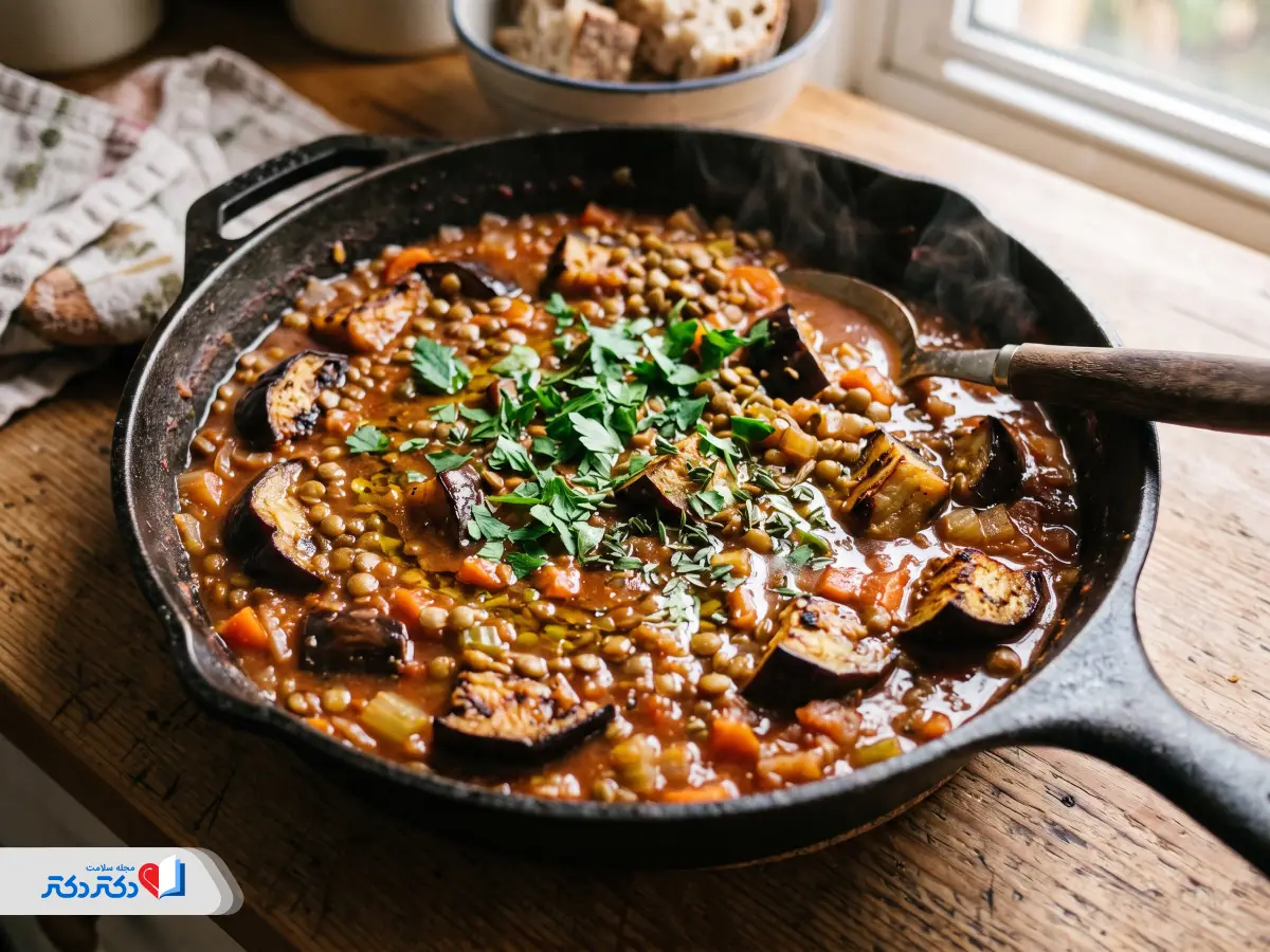 طرز تهیه خوراک بادمجان و عدس رژیمی