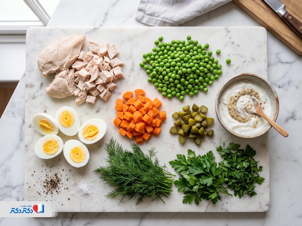 مواد لازم برای تهیه سالاد الویه رژیمی